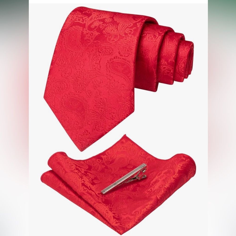 JEMYGINS Mens Solid Color Paisley Necktie and Pocket Square with Tie Clip Sets - Picture 2 of 6